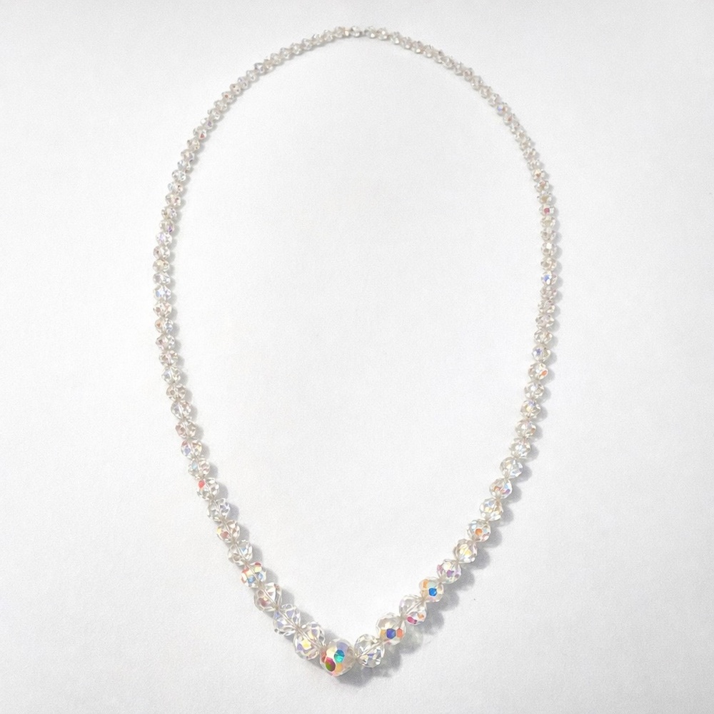 Vintage Aurora Borealis Crystal Bead Necklace Graduated Clear Faceted Strand